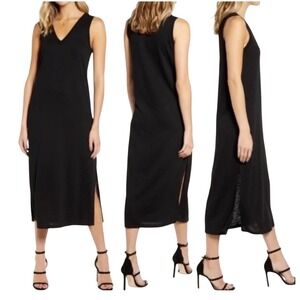 PAIGE Knit V Neck Tank Slit Midi Dress Black Medium